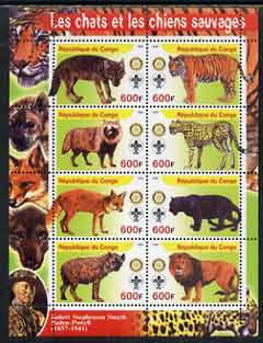 Congo 2004 Wild Cats & Dogs perf sheetlet containing 8 values (each with Rotary & Scout Logos) unmounted mint