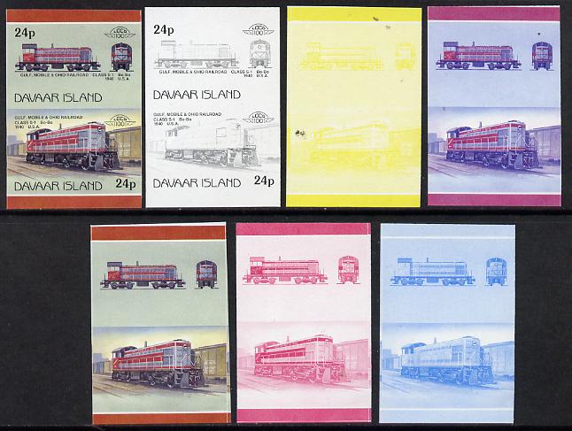 Davaar Island 1983 Locomotives #2 Gulf, Mobile & Ohio Class S-1 loco 24p set of 7 se-tenant progressive proof pairs comprising the 4 individual colours and 2, 3 and all 4 colour composites (7 proof pairs) unmounted mint*