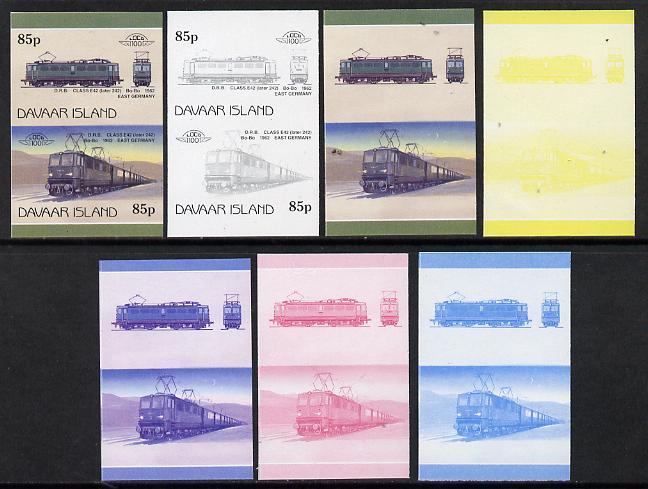 Davaar Island 1983 Locomotives #2 DRB Class E42 Bo-Bo loco 85p set of 7 se-tenant progressive proof pairs comprising the 4 individual colours and 2, 3 and all 4-colour composites (7 proof pairs) unmounted mint*