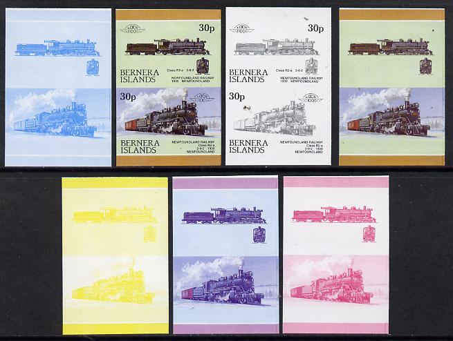 Bernera 1984 Locomotives #3 (30p Newfoundland Railway) set of 7 se-tenant progressive proof pairs comprising the 4 individual colours and 2, 3 and all 4 colour composites (7 proof pairs) unmounted mint*