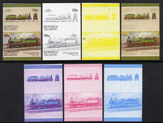 Bernera 1984 Locomotives #3 (50p NE Railway Class 901) set of 7 se-tenant progressive proof pairs comprising the 4 individual colours and 2, 3 and all 4 colour composites (7 proof pairs) unmounted mint*