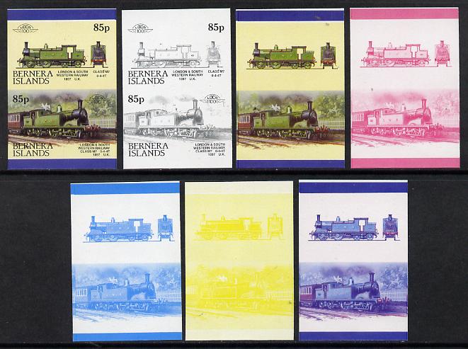 Bernera 1984 Locomotives #3 (85p L&SW Railway Class M7) set of 7 se-tenant progressive proof pairs comprising the 4 individual colours and 2, 3 and all 4 colour composites (7 proof pairs) unmounted mint*