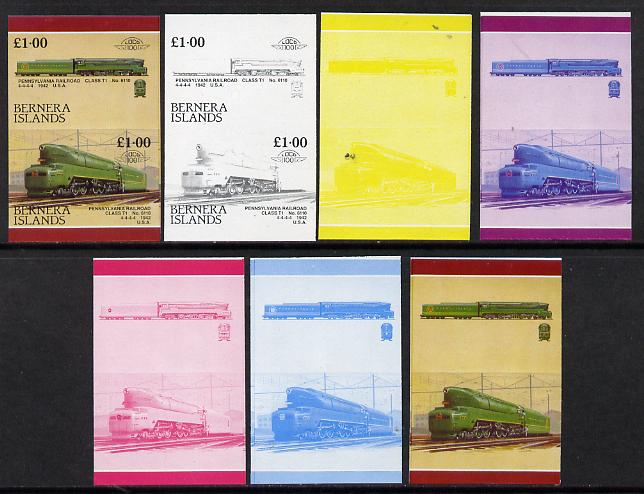 Bernera 1984 Locomotives #3 (£1 Pennsylvanian Railway Class T1) set of 7 se-tenant progressive proof pairs comprising the 4 individual colours and 2, 3 and all 4 colour composites (7 proof pairs) unmounted mint*