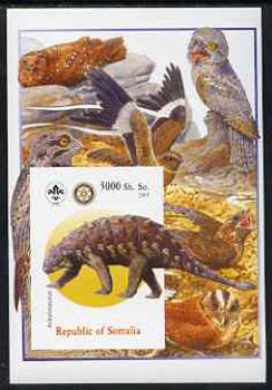 Somalia 2005 Dinosaurs #02 - Ankylosaurus imperf m/sheet with Scout & Rotary Logos, background shows various Birds unmounted mint