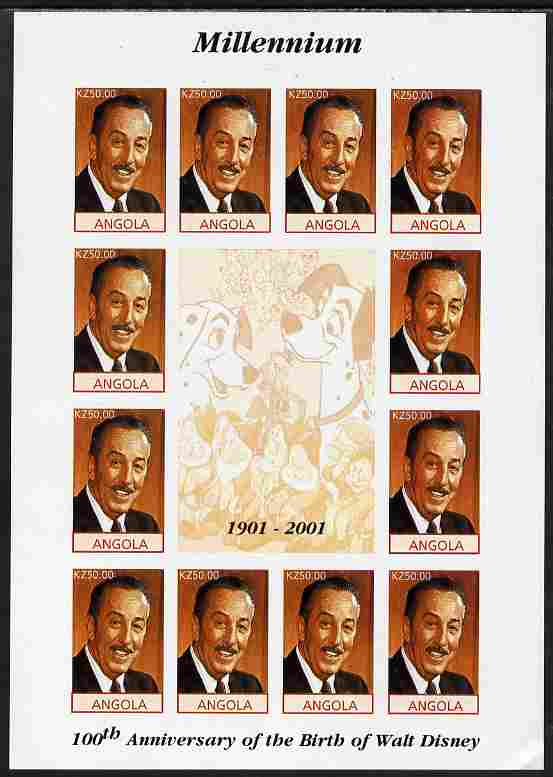 Angola 2001 Centenary of Walt Disney imperf sheetlet containing 12 values plus 4 labels unmounted mint, corner wrinkled