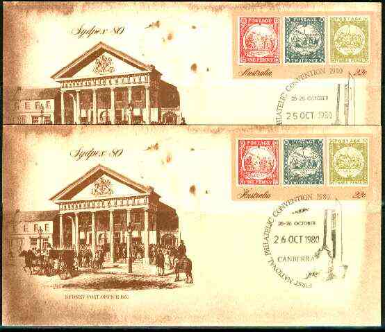 Australia 1980 Sydpex 80 Stamp Exhibition 22c postal stationery envelope - set of 2 with illustrated Nat Philatelic Convention cancels for 25th & 26th Oct