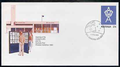 Australia 1983 Canberra PO & Stamp Exhibition 27c postal stationery envelope with special illustrated first day cancellation