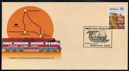 Australia 1980 Tarcoola-Alice Springs Railway 22c postal stationery envelope with special illustrated Melbourne Underground Hand Over Ceremony cancellation