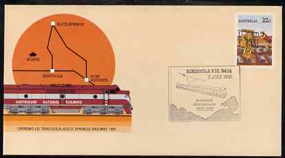 Australia 1980 Tarcoola-Alice Springs Railway 22c postal stationery envelope with special illustrated Dimboola Rail Centenary cancellation