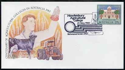 Australia 1983 Centenary of Agricultural Colleges 27c postal stationery envelope with special illustrated 'Hawkesbury' first day cancellation