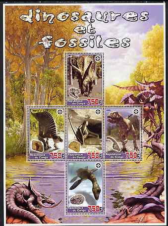 Congo 2005 Dinosaurs & Fossils large perf sheetlet containing 5 values (each with Scout Logo) unmounted mint