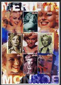 Uzbekistan 2002 Marilyn Monroe #3 imperf sheetlet containing set of 9 values unmounted mint (Inscribed Merilyn)