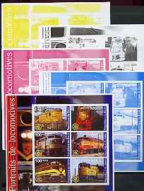 Benin 2002 Portraits of Locomotives perf sheetlet containing set of 6 values each with Rotary Logo, the set of 5 progressive proofs comprising the 4 individual colours plus all 4-colour composite (as issued) all unmounted mint