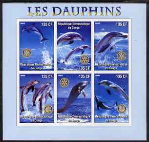 Congo 2003 Dolphins imperf sheetlet #01 (vertical stamps) containing 6 values each with Rotary Logo, unmounted mint