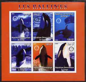 Congo 2003 Whales imperf sheetlet #02 (red border) containing 6 values each with Rotary Logo, unmounted mint