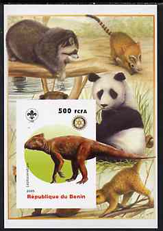 Benin 2005 Dinosaurs #05 - Leptoceraptops imperf m/sheet with Scout & Rotary Logos, background shows Panda etc unmounted mint