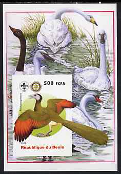 Benin 2005 Dinosaurs #06 - Archaeopterys imperf m/sheet with Scout & Rotary Logos, background shows various Geese & Swans unmounted mint