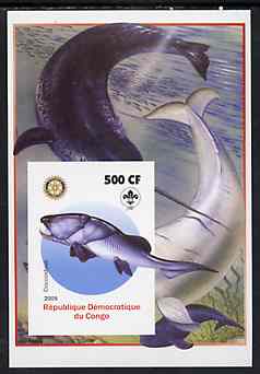 Congo 2005 Dinosaurs #02 - Coccosteus imperf m/sheet with Scout & Rotary Logos, background shows various Fish unmounted mint