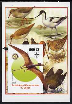 Congo 2005 Dinosaurs #04 - Eudimorphodon imperf m/sheet with Scout & Rotary Logos, background shows various Birds unmounted mint