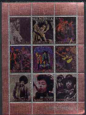 Bashkortostan 2000 Jimi Hendrix perf sheetlet containing 9 values printed on metallic foil unmounted mint
