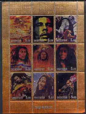 Dagestan Republic 2000 Bob Marley perf sheetlet containing 9 values printed on metallic foil unmounted mint