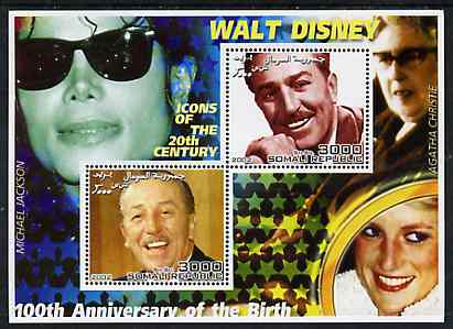 Somalia 2002 Birth Centenary of Walt Disney #03 perf sheetlet containing 2 values with Michael Jackson, Agatha Christie & Diana in background unmounted mint