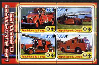 Congo 2005 Fire Engines #1 perf sheetlet containing set of 4 values each with Scout & Rotary Logos, unmounted mint