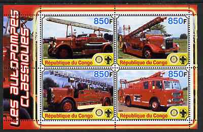 Congo 2005 Fire Engines #2 perf sheetlet containing set of 4 values each with Scout & Rotary Logos, unmounted mint