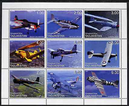 Tadjikistan 1999 Aircraft (Prop) perf sheetlet containing complete set of 9 values unmounted mint