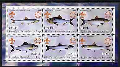 Congo 2002 Fish #2 perf sheetlet containing set of 6 values, each with Scouts & Guides Logos unmounted mint