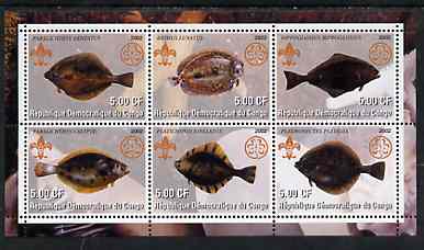 Congo 2002 Fish #3 (flat fish) perf sheetlet containing set of 6 values, each with Scouts & Guides Logos unmounted mint