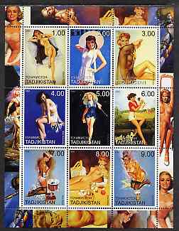 Tadjikistan 2000 Pin-Ups by various Artists perf sheetlet containing set of 9 values unmounted mint