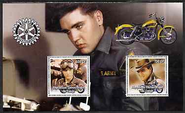 Congo 2004 Elvis Presley perf sheetlet containing 2 values with Rotary Logo & Motorbike in background, unmounted mint