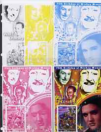 Congo 2001 75th Birthday of Mickey Mouse s/sheet #02 showing Alice in Wonderland with Elvis & Walt Disney in background, the set of 5 imperf progressive proofs comprising the 4 individual colours plus all 4-colour composite (as issued) all unmounted mint