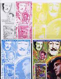 Congo 2001 75th Birthday of Mickey Mouse s/sheet #05 showing Alice in Wonderland with Elvis & Walt Disney in background, the set of 5 imperf progressive proofs comprising the 4 individual colours plus all 4-colour composite (as issued) all unmounted mint