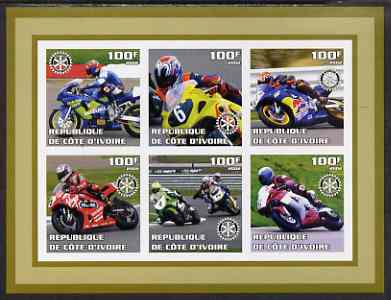 Ivory Coast 2002 Racing Motorcycles #2 imperf sheetlet containing set of 6 values (top middle No. 6) each with Rotary logo, unmounted mint