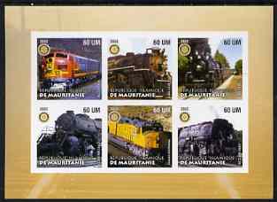 Mauritania 2002 Railway Locos #5 imperf sheetlet containing 6 values each with Rotary logo, unmounted mint