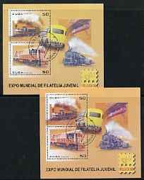 Cuba 2006 Belgica 06 Stamp Exhibition (Railways) perf m/sheet with a particularly lighter background colour, plus normal both fine cto used