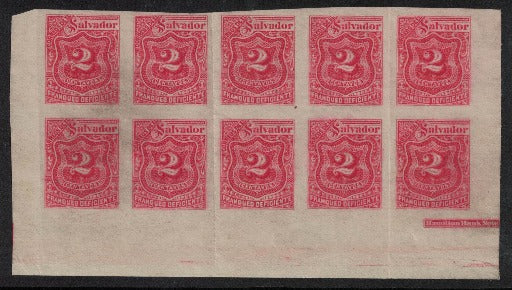 1896 El Salvador SGD150 2c Red Postage Due. Imperf Block of 10 U/M Details below