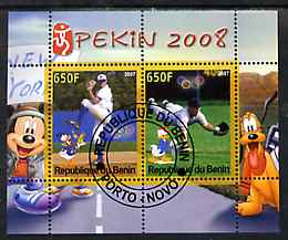 Benin 2007 Beijing Olympic Games #09 - Baseball (3) perf s/sheet containing 2 values (Disney characters in background) fine cto used