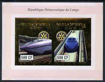 Congo 2003 High Speed Trains imperf sheetlet containing 2 x 500 CF values with embossed gold background & Rotary Logo, unmounted mint