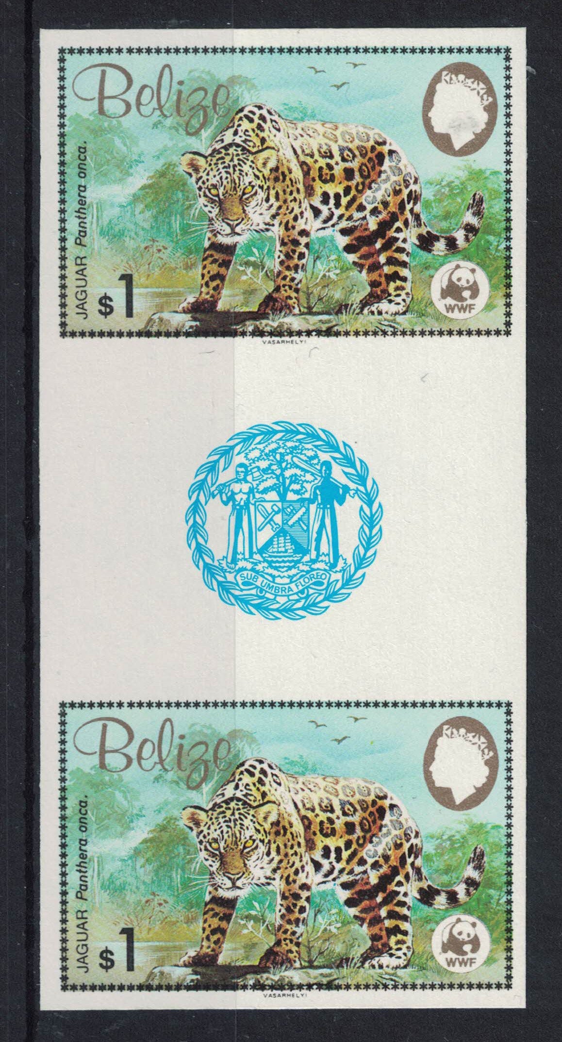 1983 Belize WWF Jaguar SG759 Imperf inter-paneau Gutter pair from uncut proof sheet