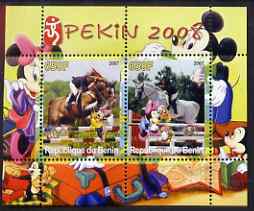Benin 2007 Beijing Olympic Games #01 - Show Jumping (1) perf s/sheet containing 2 values (Disney characters in background) unmounted mint