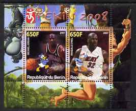 Benin 2007 Beijing Olympic Games #20 - Basketball perf s/sheet containing 2 values (Jordan & O'neil with Disney characters in background) unmounted mint