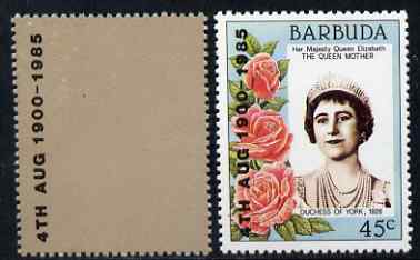 Barbuda 1985 Life & Times of HM Queen Mother 85th B'day overprint proof on perf blank label (printed in gold colour) as used for SG 809-15, unmounted mint with a typical value from the issued set