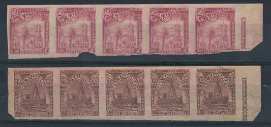 1896El Salvador SC#147 (2c Lake) & SC#150 (10c Brown) Imperf Strips of 5