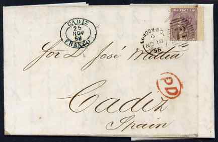 GB Great Britain 1858 entire to Spain bearing 6d SG70