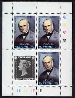 Barbuda 1975 Death Centenary of Rowland Hill perf sheetlet #1 containing 3 x 75c plus 1d black label unmounted mint, as SG 447