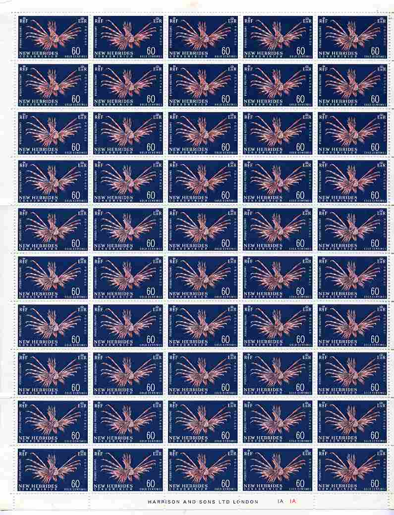 New Hebrides - English 1967 Lionfish 60c new value definitive complete folded sheet of 50 unmounted mint, SG 129