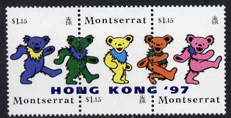 Montserrat 1997 Hong Kong 97 Stamp Exhibition overprinted on strip of 3 Grateful Dead Teddy Bears, unmounted mint SG 1034-6
